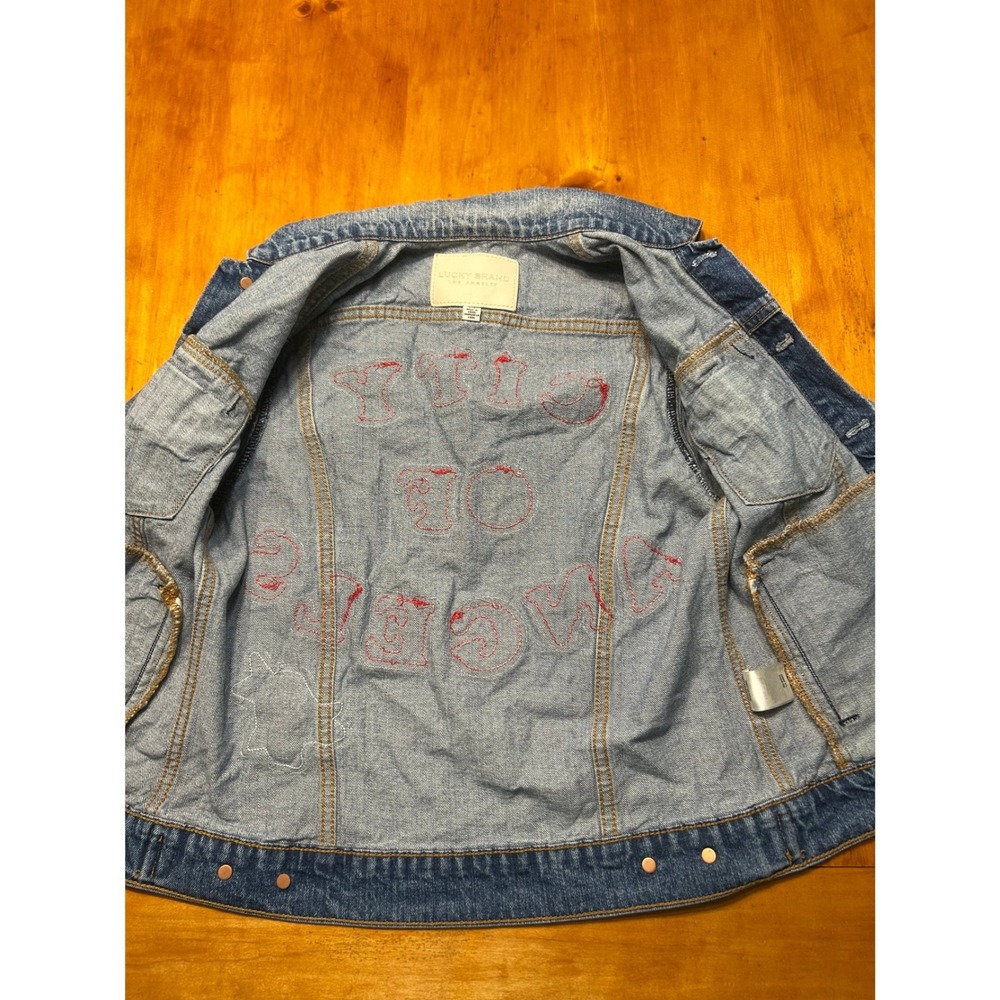 Lucky Brand City of Angels Denim Jacket Womens Small Blue Light Wash Rose Patch - Picture 3 of 13